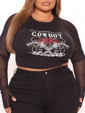 NWT Graphic Mesh-Sleeve Cowboy Crop Top-3X